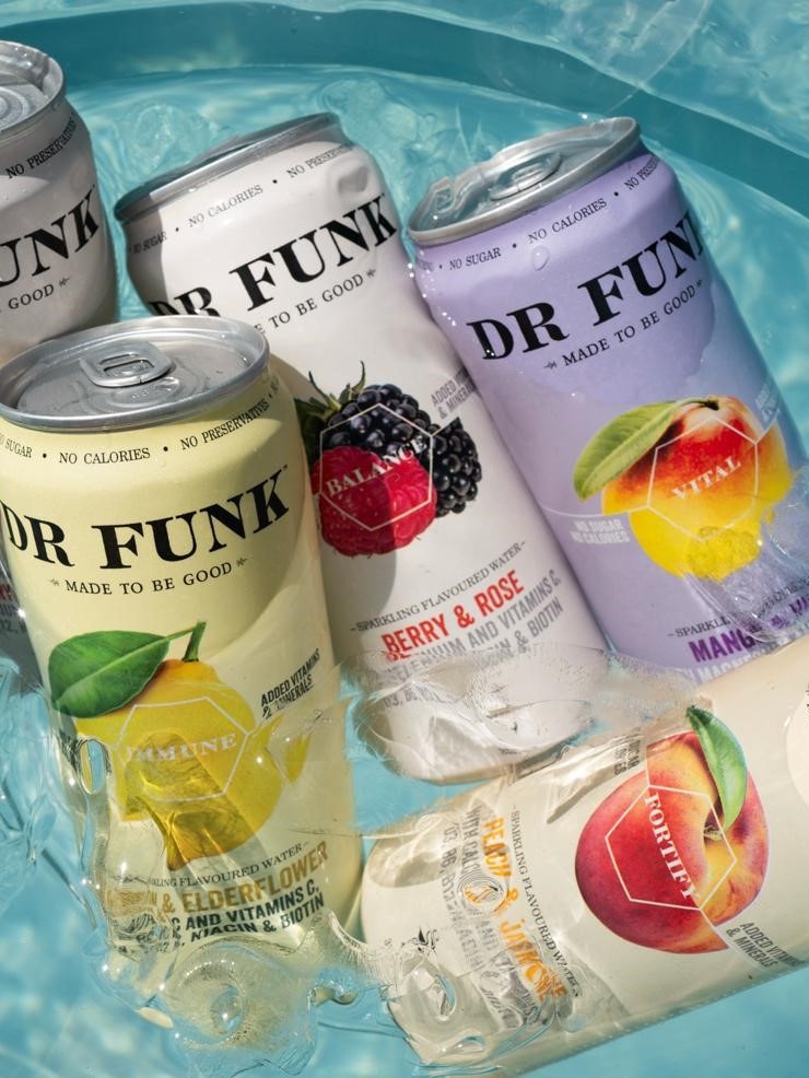 Authentic Dr Funk cans photographed in water