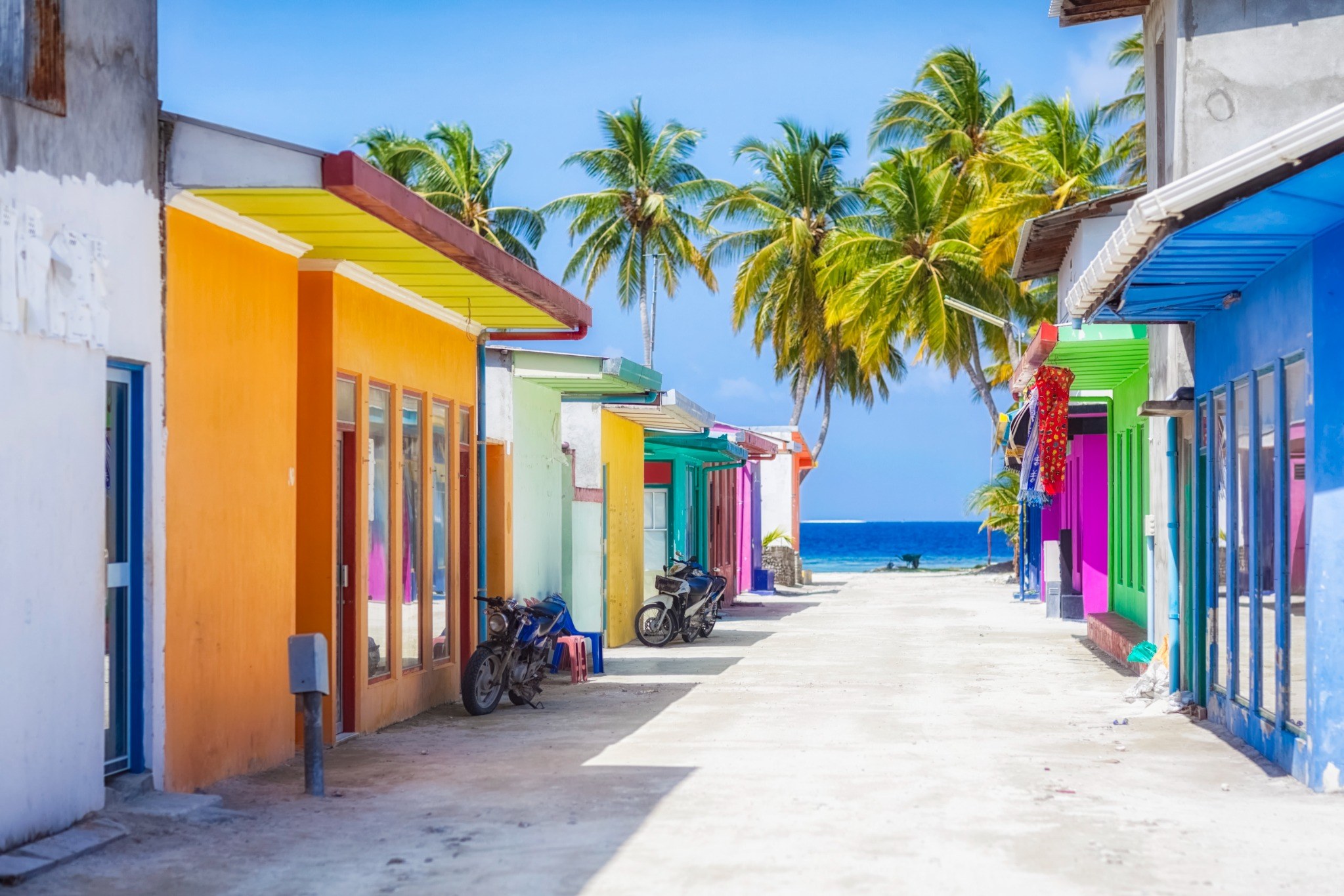 Colourful local street on Maafushi island, Maldives